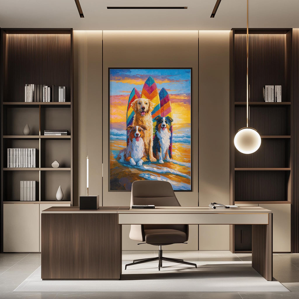 a modern office space with a large painting of three dogs on a surfboard hanging on the wall. The painting is surrounded by bookshelves and a desk with a chair in the foreground.