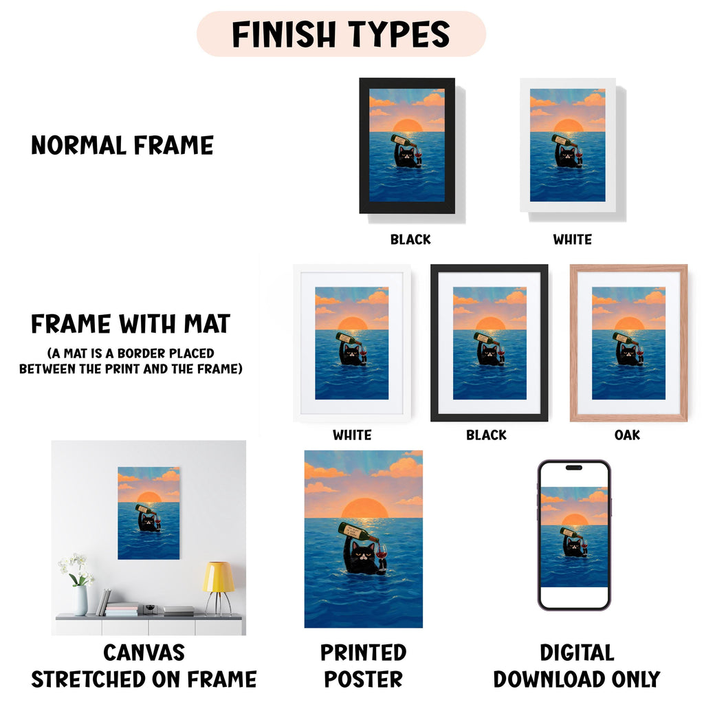 various framed artworks depicting different scenes, including a sunset over the ocean, a boat, and a person. The artworks are presented in different frame colors, such as white, black, and oak. The artworks are labeled as "NORMAL FRAME", "FRAME WITH MAT (A MAT IS A BORDER PLACED BETWEEN THE PRINT AND THE FRAME)", "CANVAS STRETCHED ON FRAME", "PRINTED POSTER", and "DIGITAL DOWNLOAD ONLY".