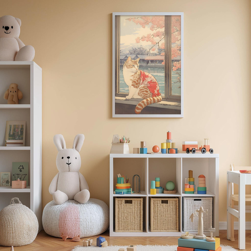 A cozy children's room with a large window overlooking a garden, featuring a stuffed rabbit, a bookshelf, and a toy train set.