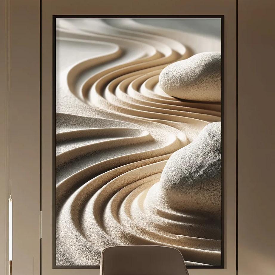 a modern and minimalist office space with a large abstract painting on the wall, a wooden desk with a chair, and built-in bookshelves.