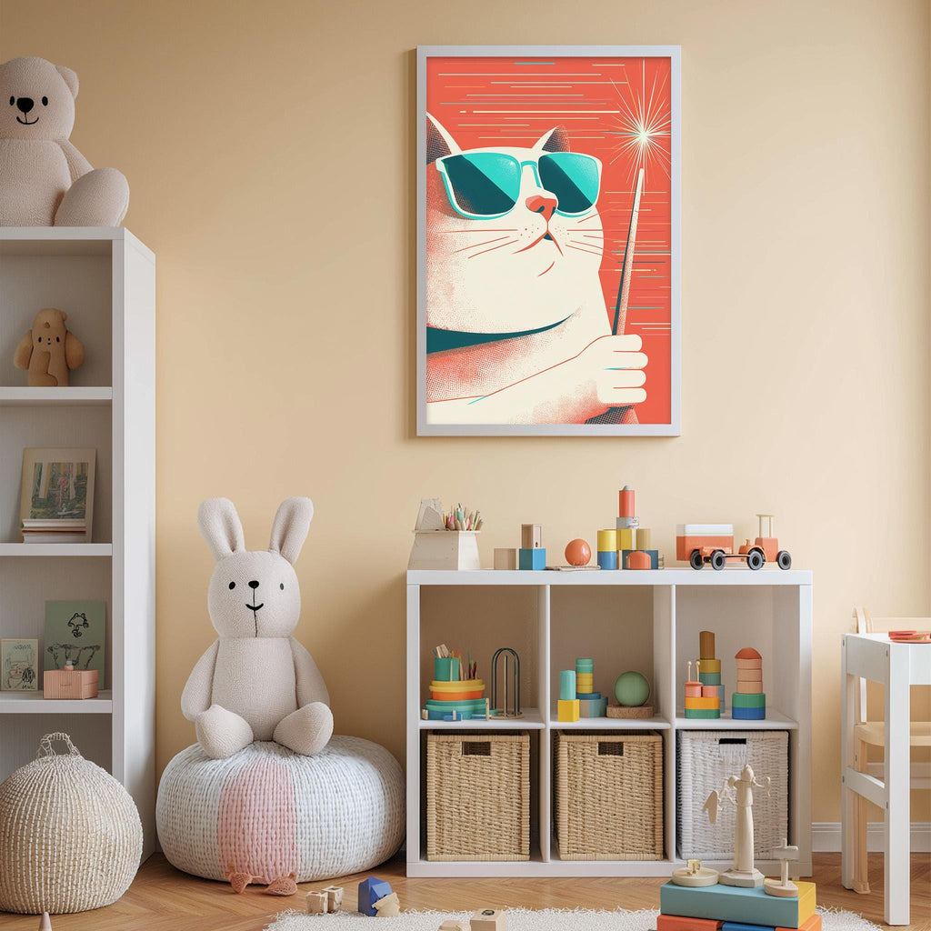 A child's bedroom with a white bookshelf, a stuffed rabbit, a toy train, and a framed picture of a cat wearing sunglasses.
