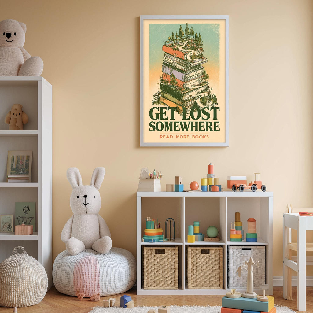 a child's bedroom with a bookshelf, stuffed animals, and a poster on the wall.