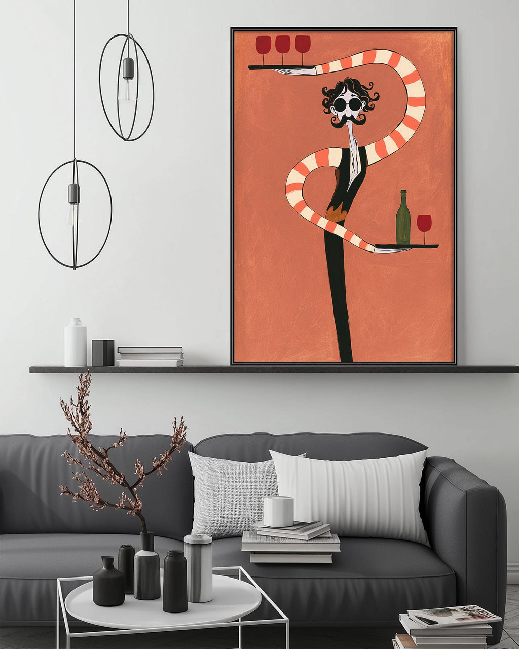 a modern living room with a gray sofa, a coffee table, and a large abstract painting hanging on the wall above the sofa.