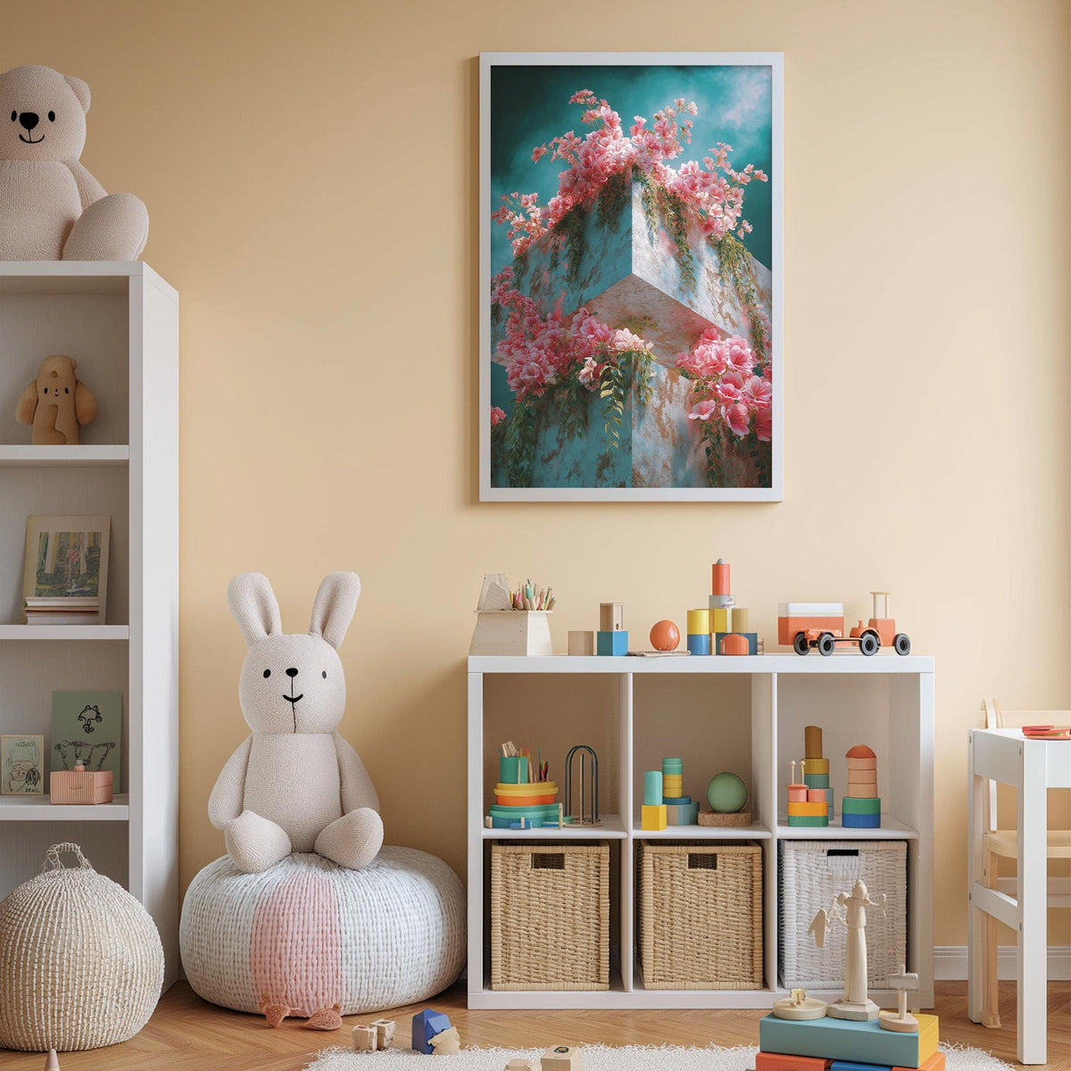 A cozy and colorful children's bedroom with a large stuffed bunny, a bookshelf, and a toy storage unit filled with toys and baskets. A framed picture of pink flowers hangs on the wall above the storage unit.