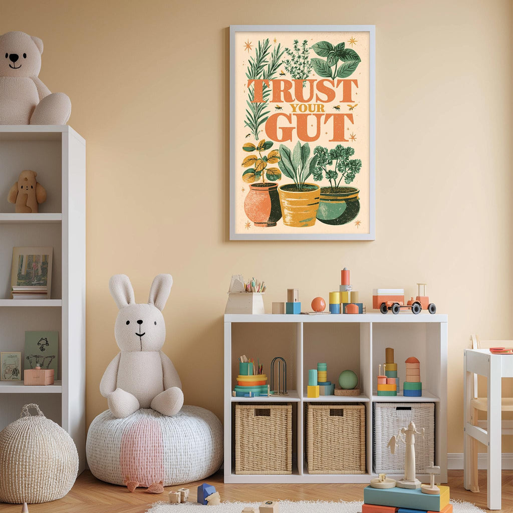 A child's bedroom with a white bookshelf, a stuffed rabbit, and a colorful poster on the wall. The poster features a plant illustration and the text "Trust Your Gut".