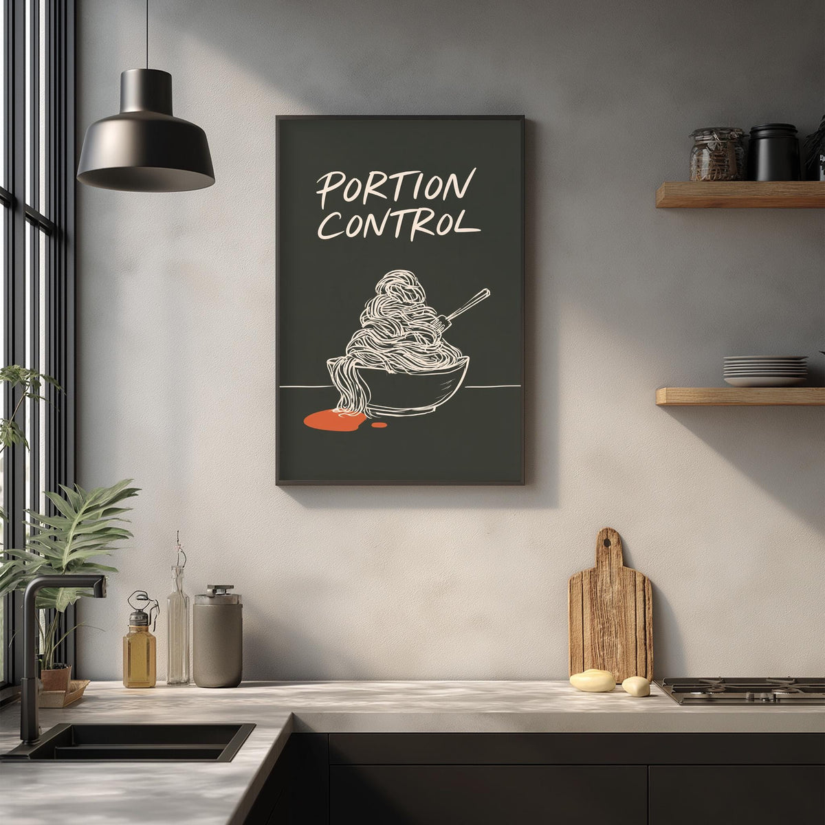 a kitchen counter with various kitchen items, including a cutting board, a bowl of noodles, and a plant. Above the counter, there is a framed poster with the text "Portion Control" written on it.