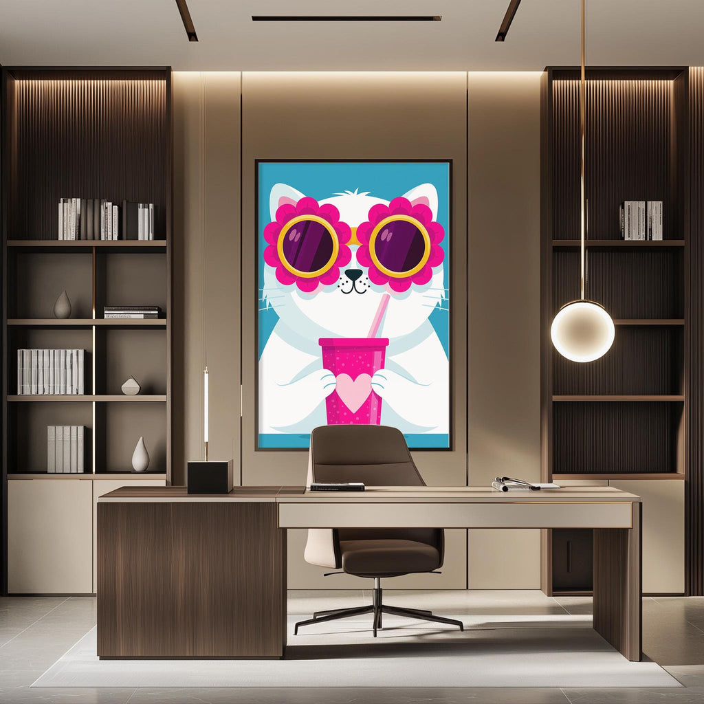 a modern office space with a large framed poster of a cat wearing sunglasses and holding a drink on the wall. The office has a wooden desk, a chair, and a bookshelf filled with books.