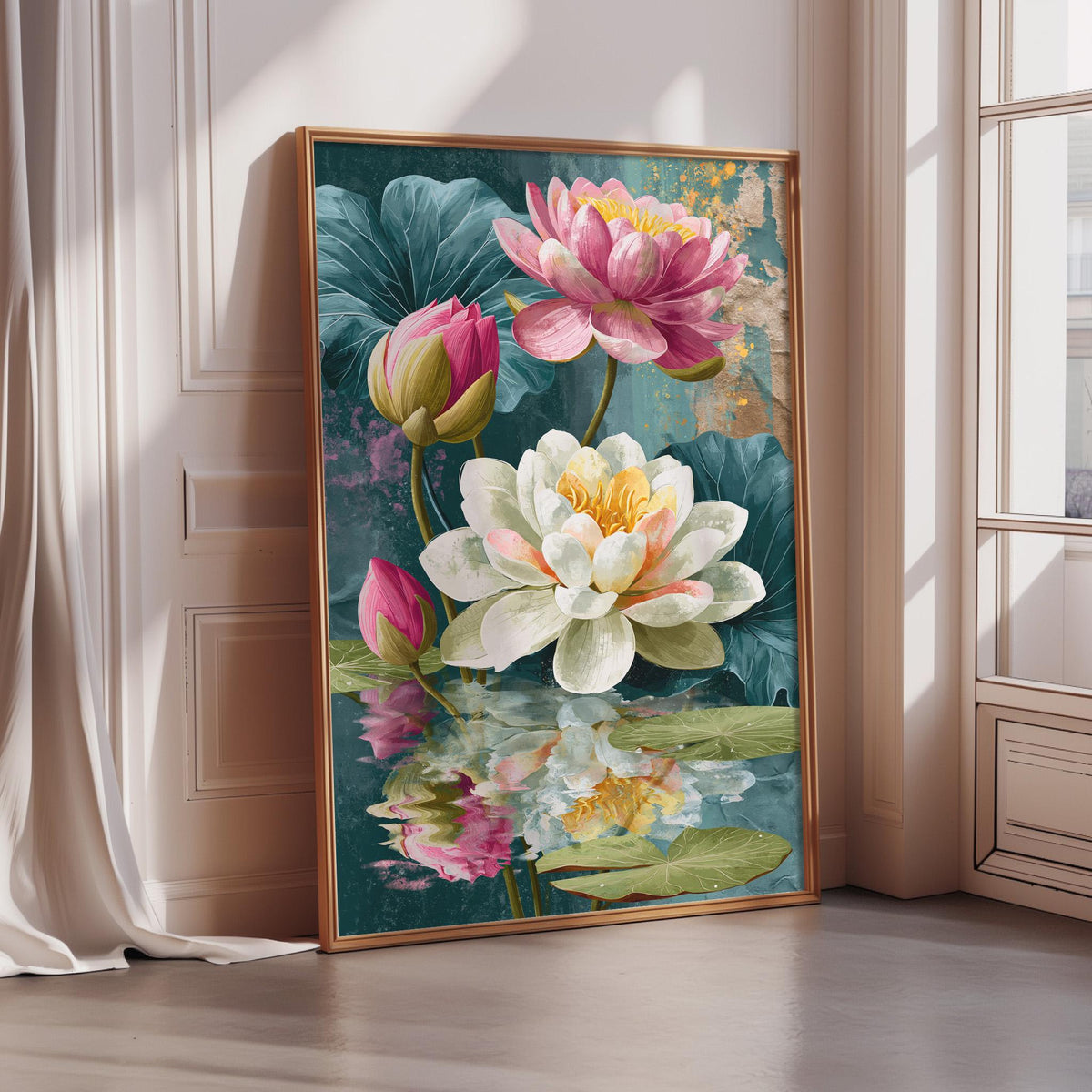A framed painting depicting a vibrant arrangement of pink and white lotus flowers against a teal background, with green leaves and reflections in the water below.