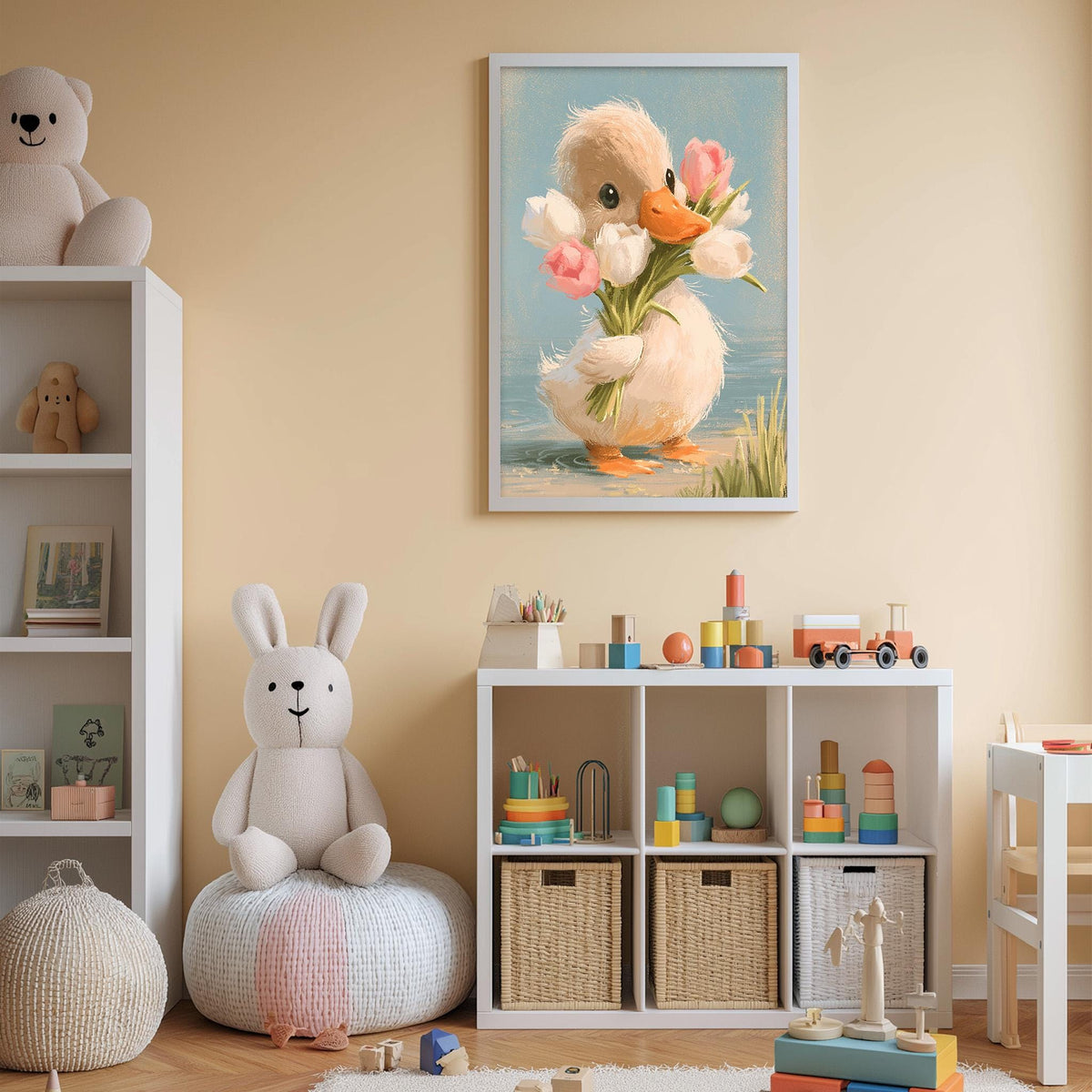 A cozy children's room with a white bookshelf, a stuffed bunny, a stuffed duck holding flowers, and a framed picture of a duck. The room also contains various toys and storage bins, creating a warm and inviting atmosphere.