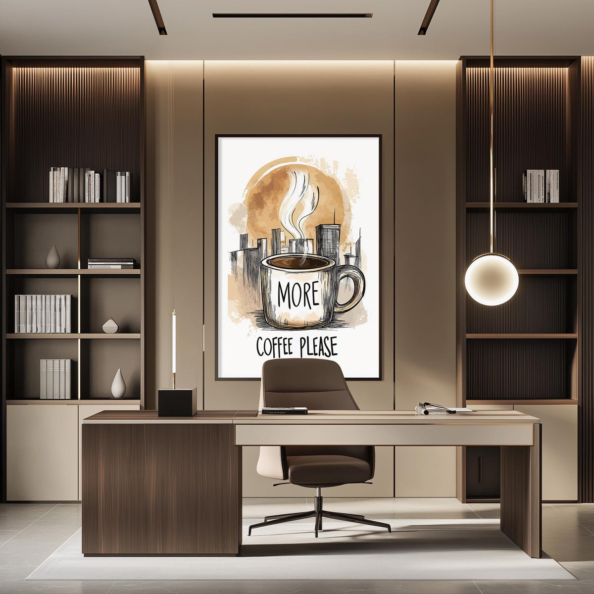 a modern office space with a large coffee mug poster on the wall, a desk with a chair, and built-in bookshelves.