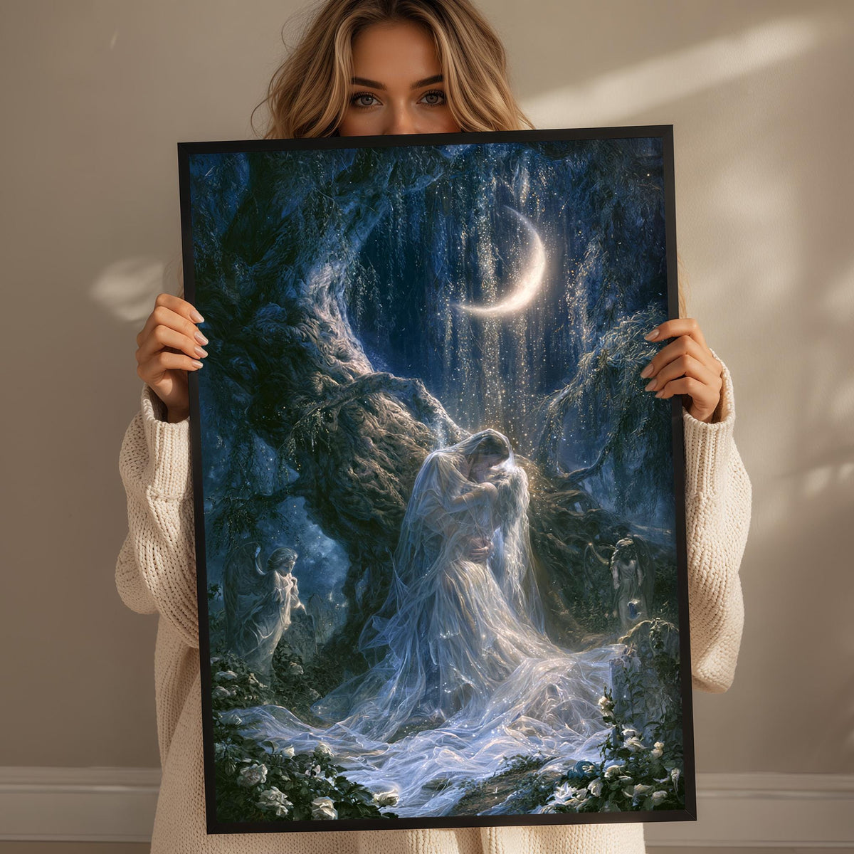 A woman holds up a framed painting depicting a fantastical scene with a crescent moon, a waterfall, and a woman in a flowing dress.