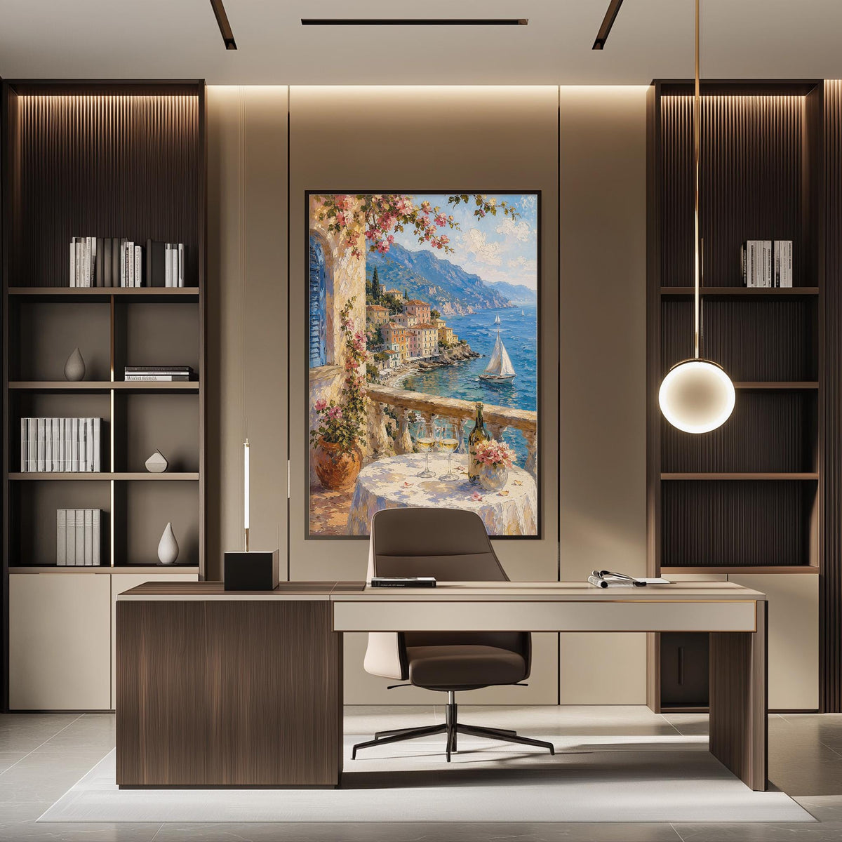 a modern office space with a large painting of a coastal town on the wall, a wooden desk with a chair, and a bookshelf filled with books.