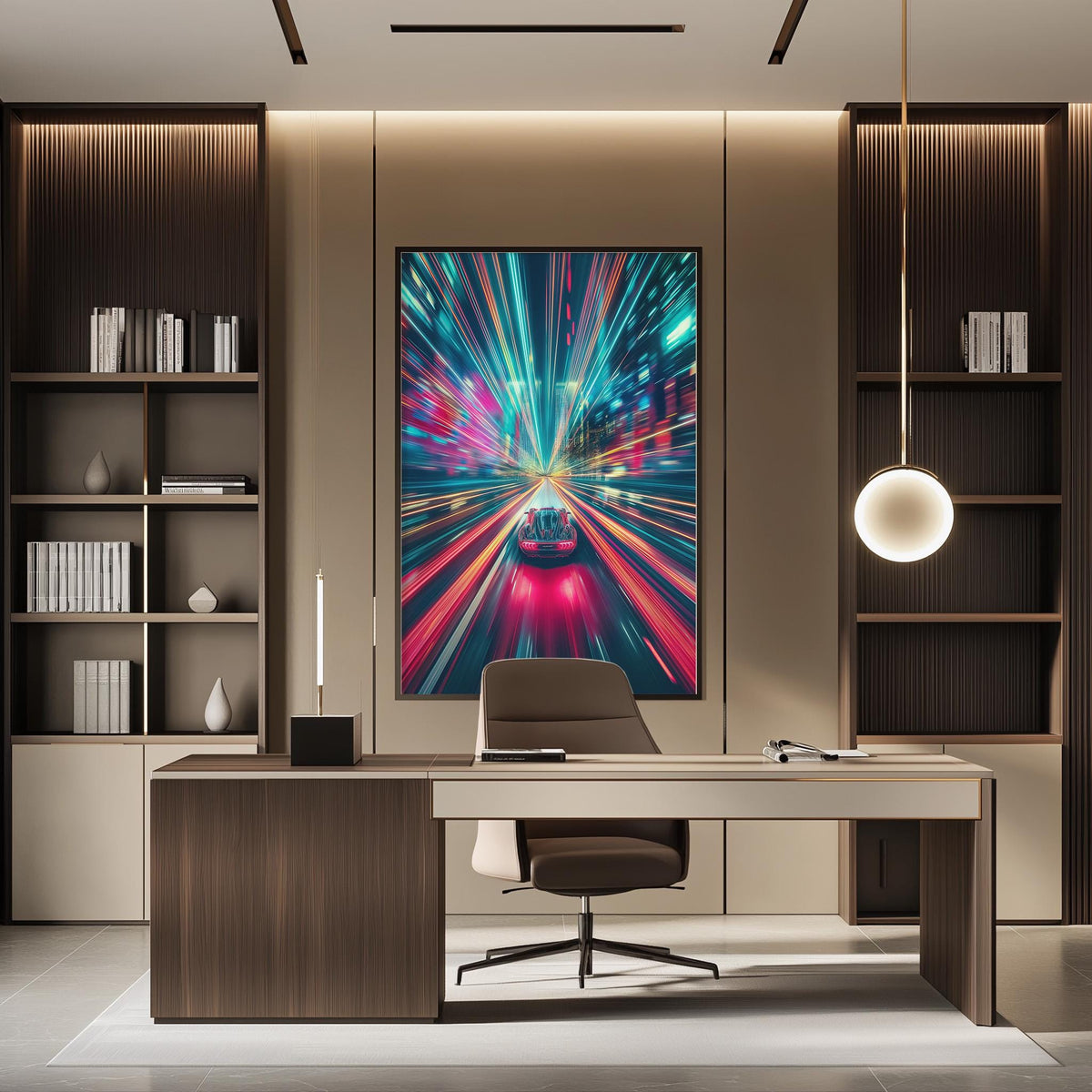 a modern office space with a large abstract painting of a car with a colorful, dynamic background on the wall behind a desk. The desk has a chair and a lamp, and there are several bookshelves on either side of the desk.