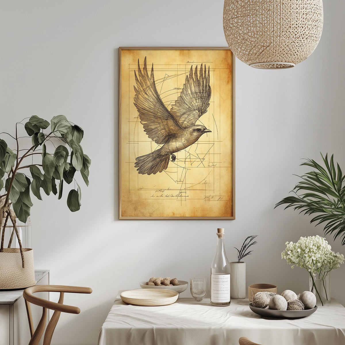 a dining table with a white tablecloth, a bowl of fruit, a bottle, and a vase with flowers. Above the table, there is a framed drawing of a bird in flight.