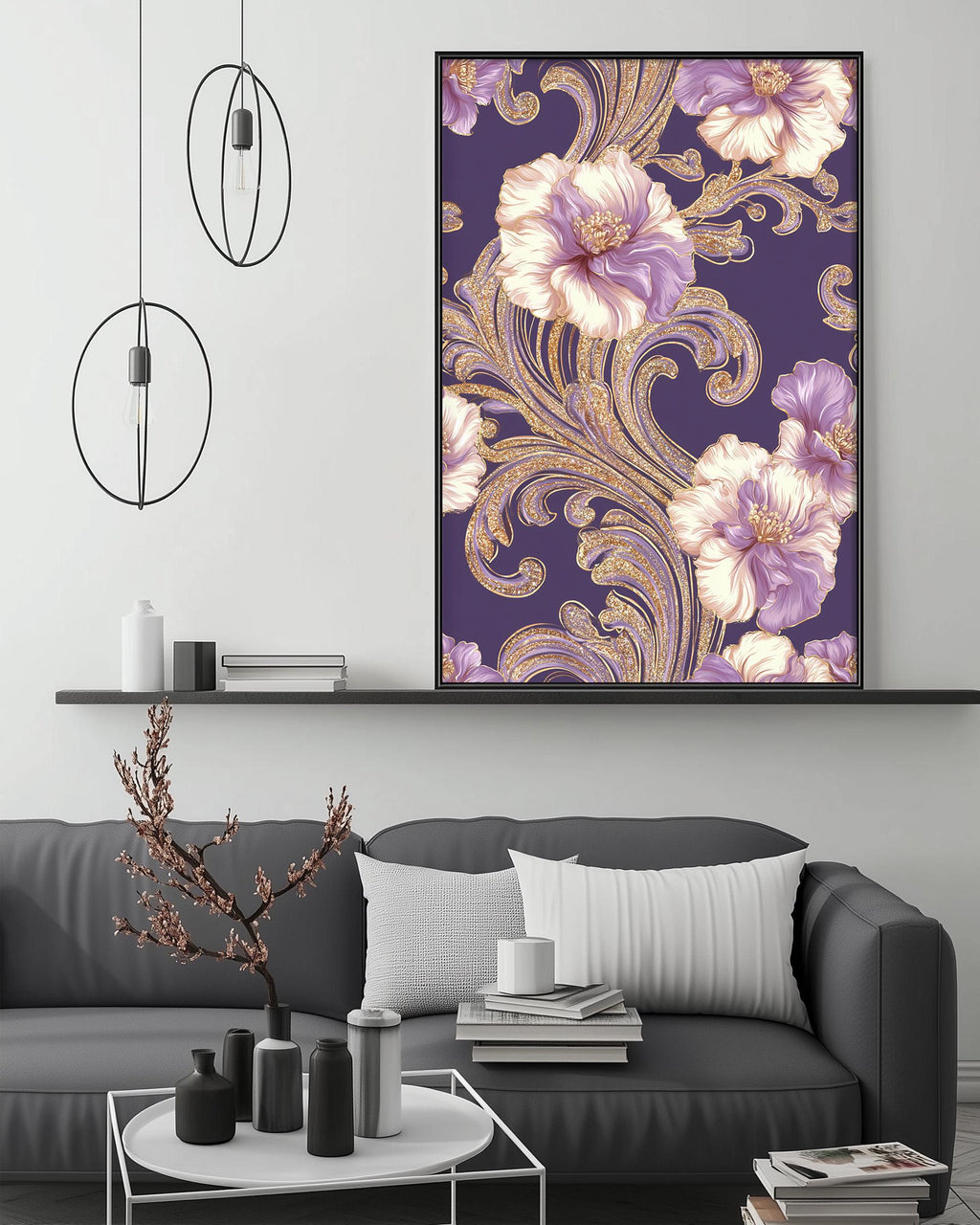 a modern living room with a gray sofa, a coffee table, and a large framed floral print hanging on the wall above the sofa.