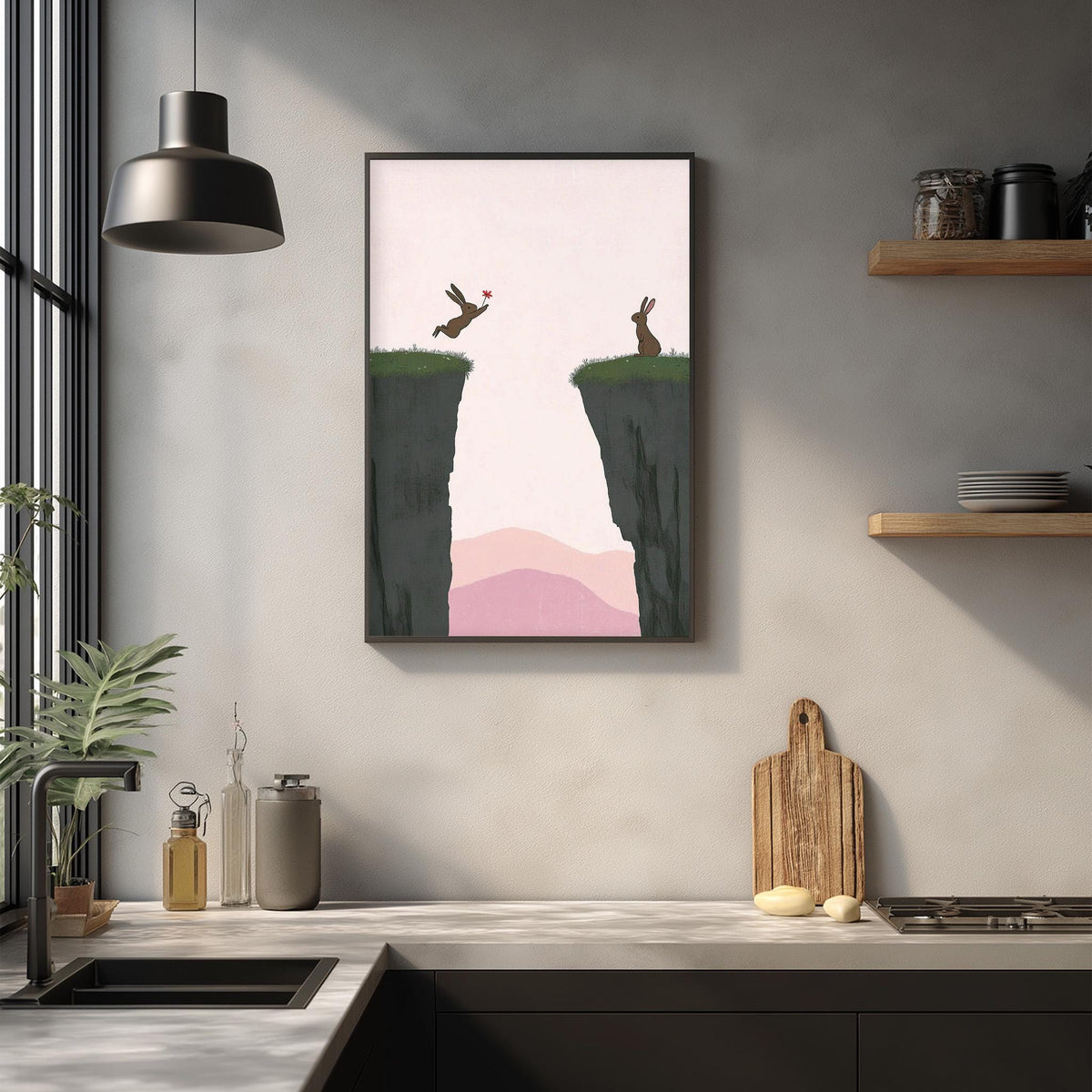 a kitchen scene with a framed illustration of two rabbits jumping off a cliff, a wooden cutting board, and various kitchen items such as a sink, a bottle, and a vase.