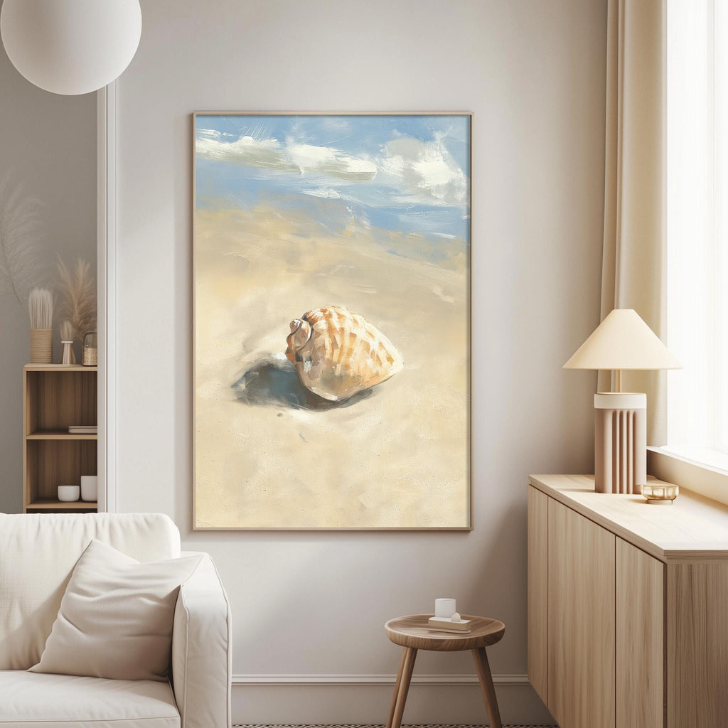 a large painting of a shell on a sandy beach, hanging on a wall in a living room.
