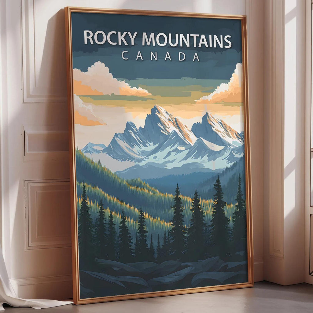 A framed poster of Rocky Mountains in Canada, featuring a scenic landscape with snow-capped peaks, pine trees, and a colorful sky.