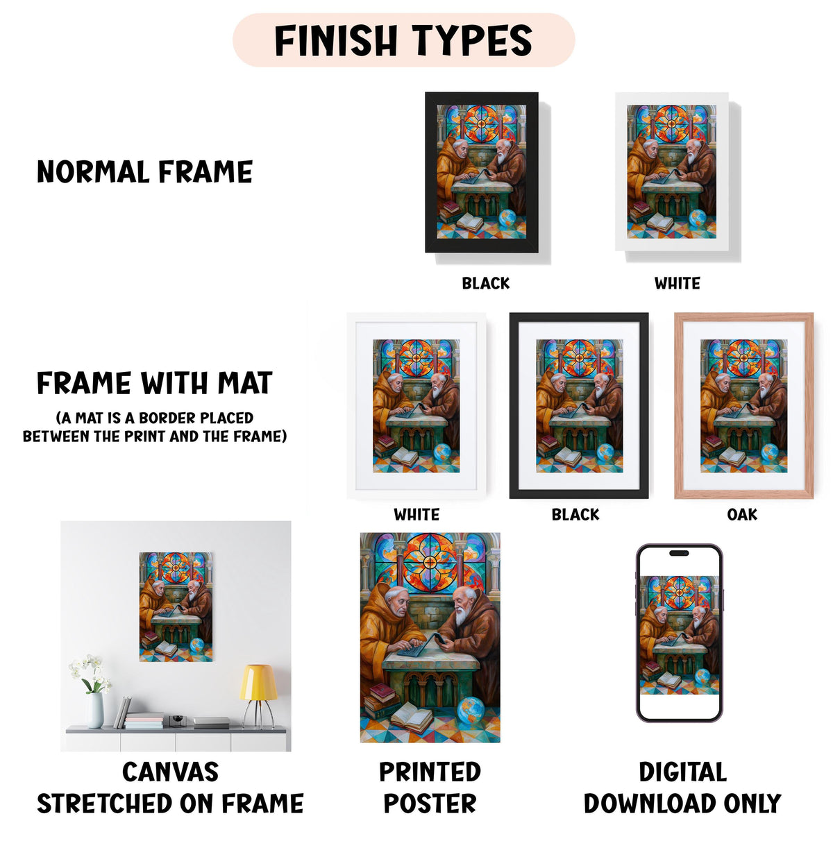 various types of artwork, including a normal frame, a frame with a mat, a white frame, a black frame, an oak frame, a white canvas stretched on a frame, a printed poster, and a digital download only.