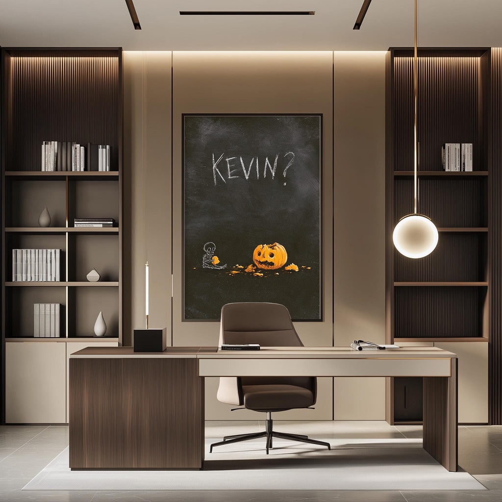a modern office space with a desk, chair, and bookshelves. A chalkboard with the word "KEVIN?" written on it is displayed on the wall, and a pumpkin is depicted on the chalkboard.