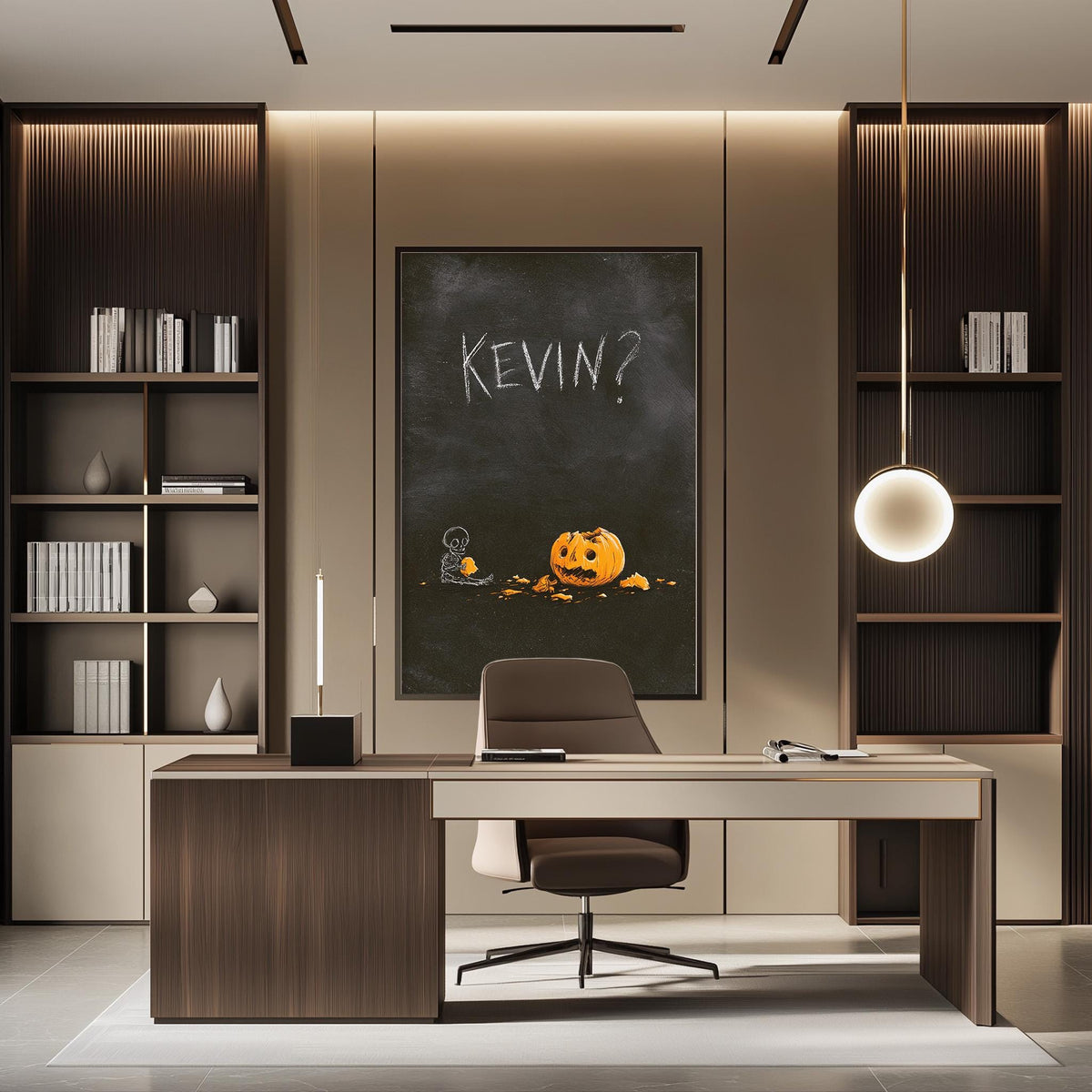 a modern office space with a desk, chair, and bookshelves. A chalkboard with the word "KEVIN?" written on it is displayed on the wall, and a pumpkin is depicted on the chalkboard.