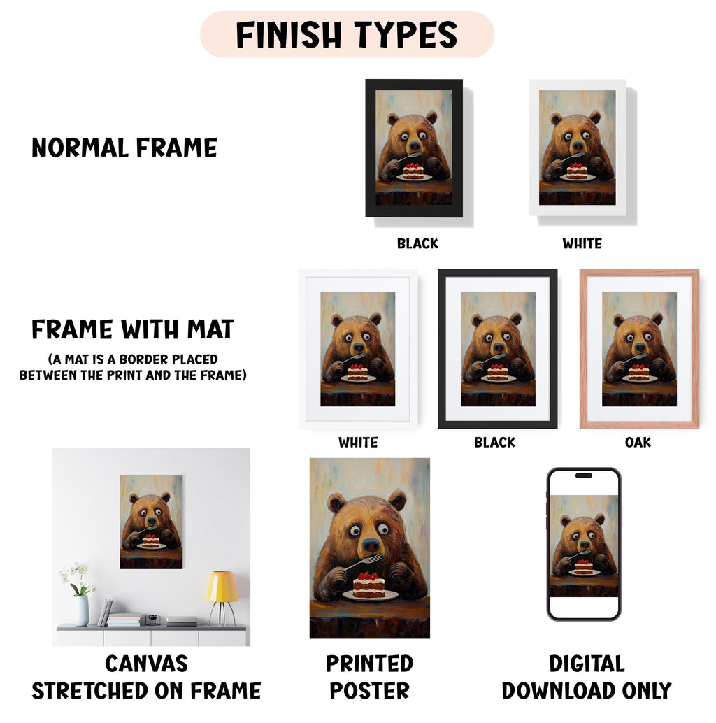 various framed artworks featuring a bear, including a normal frame, a black frame, a white frame, a black frame, and an oak frame. The artworks are displayed in different frame styles, such as canvas stretched on a frame, printed poster, and digital download only.