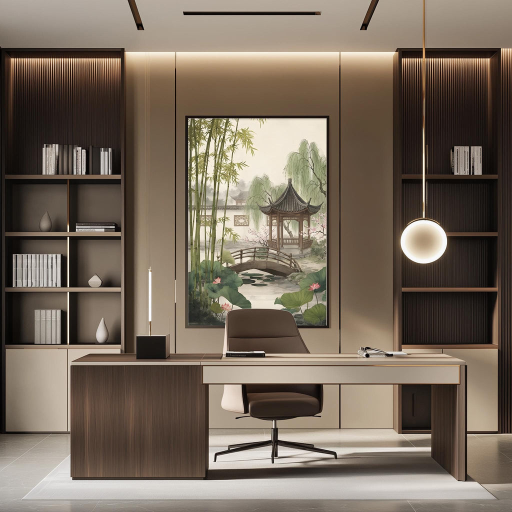 a modern and minimalist office space with a large painting of a serene garden scene on the wall. The office features a wooden desk, a comfortable chair, and built-in bookshelves. The overall design and decor create a calm and focused atmosphere, ideal for work or study.