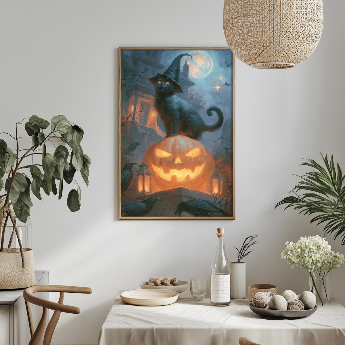 a Halloween-themed painting hanging on a wall, depicting a black cat perched on a jack-o-lantern. The painting is surrounded by various Halloween-themed decor items, such as a potted plant, a vase, and a bowl of fruit.