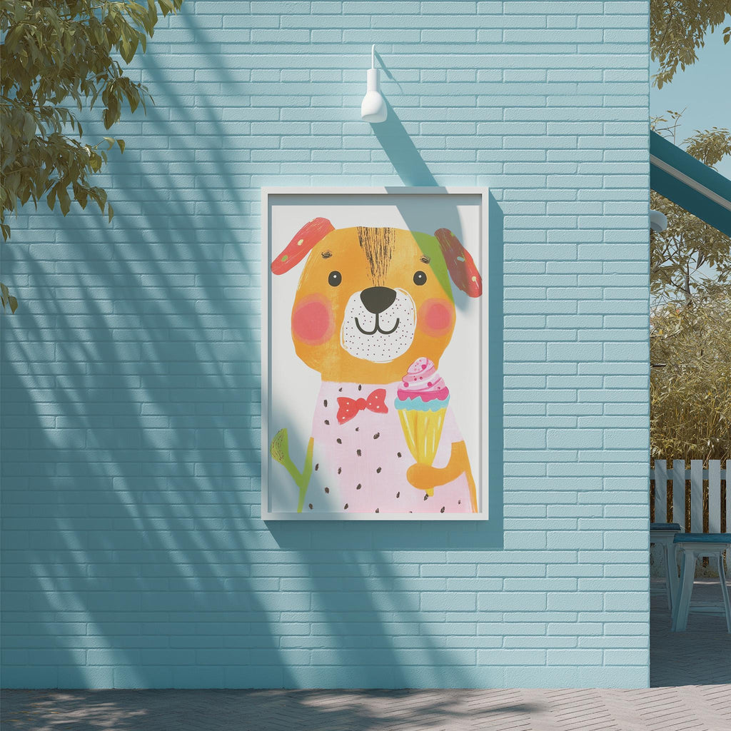 A framed illustration of a cartoon dog holding a cupcake is displayed on a blue wall.