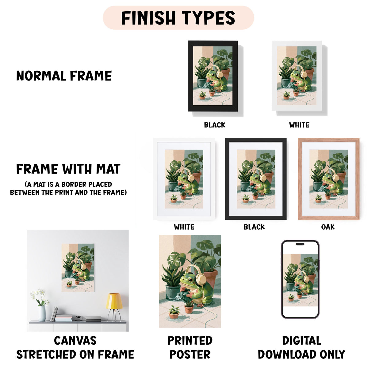 various framed artworks depicting different types of plants, including a canvas stretched on a frame, a printed poster, and a digital download. The artworks are presented in different frame colors, such as black, white, and black, and are labeled as "NORMAL FRAME" and "FRAME WITH MAT" to describe their framing.
