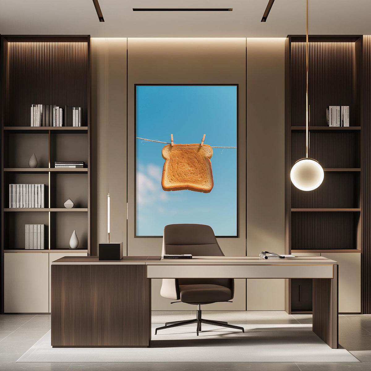 a modern office space with a large window, a desk, a chair, and a hanging light fixture. The desk has a computer monitor and a book on it. A framed image of a piece of bread hanging from a clothesline is displayed on the wall above the desk.