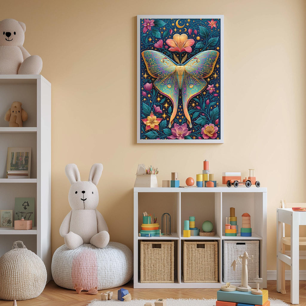 A child's bedroom with a large, colorful butterfly artwork on the wall, a white bookshelf filled with toys, and a white bean bag chair.