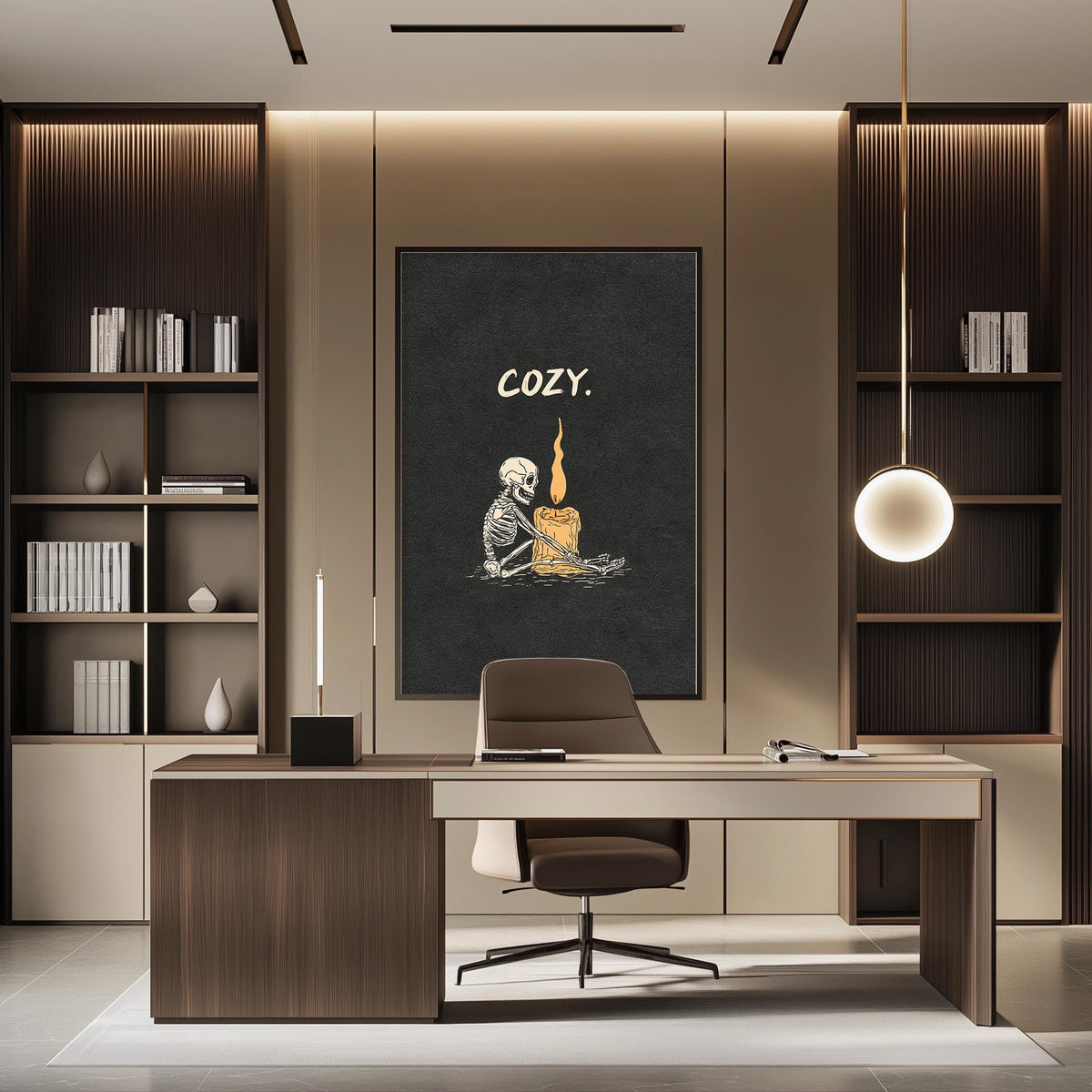 a modern and minimalist office space with a desk, chair, and shelving units. The wall features a large black and white poster with a skeleton and a candle, and the word "COZY" is written above the poster.