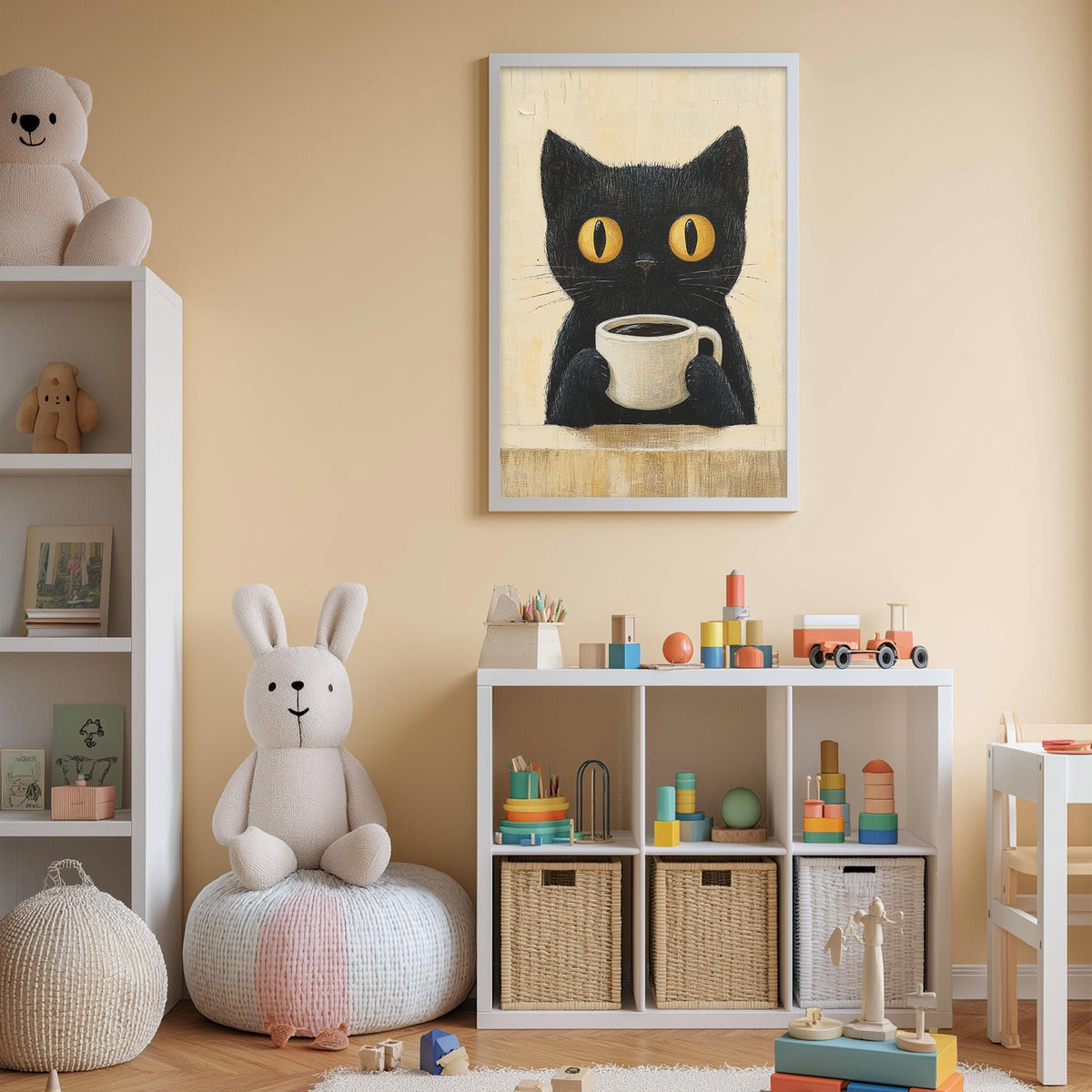A cozy children's room with a white bookshelf, a plush white rabbit, a black cat holding a cup of coffee, and a framed artwork of a black cat on the wall.