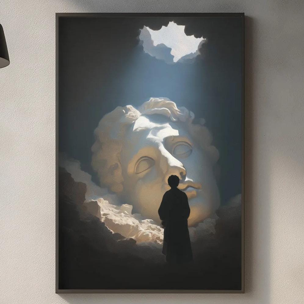 a modern kitchen with a large framed artwork depicting a silhouetted figure standing in front of a cloudy sky above a sink.