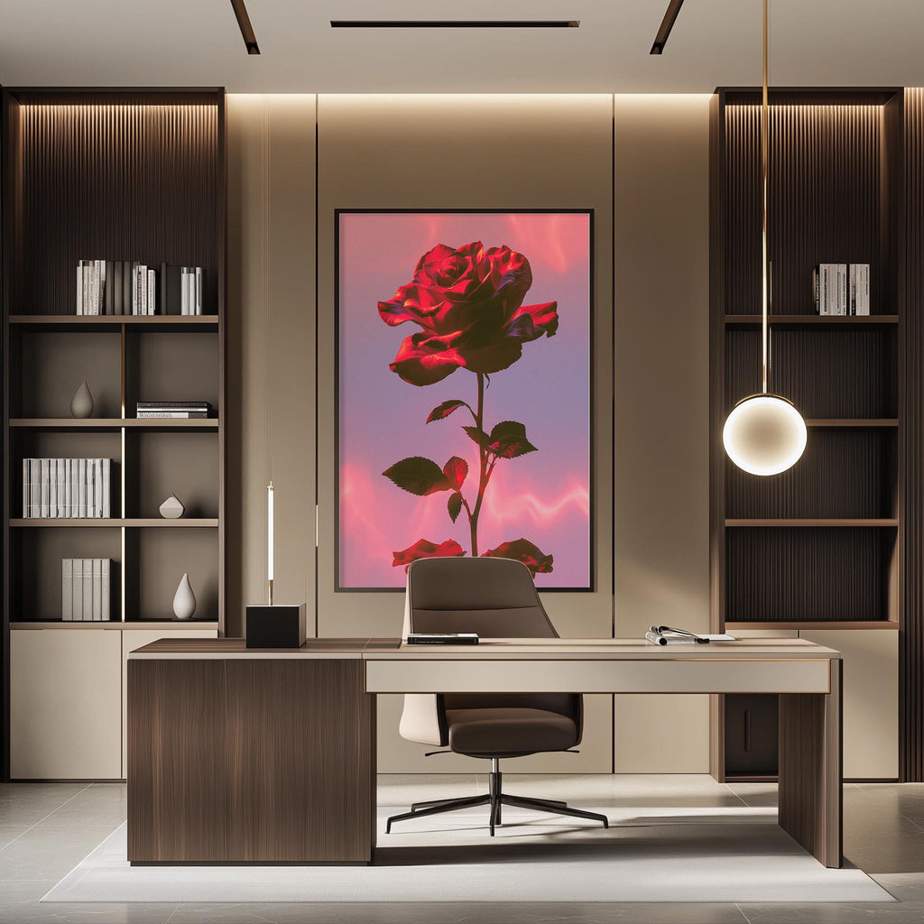 a modern and stylish office space with a large framed rose painting on the wall, a wooden desk with a chair, and built-in bookshelves.