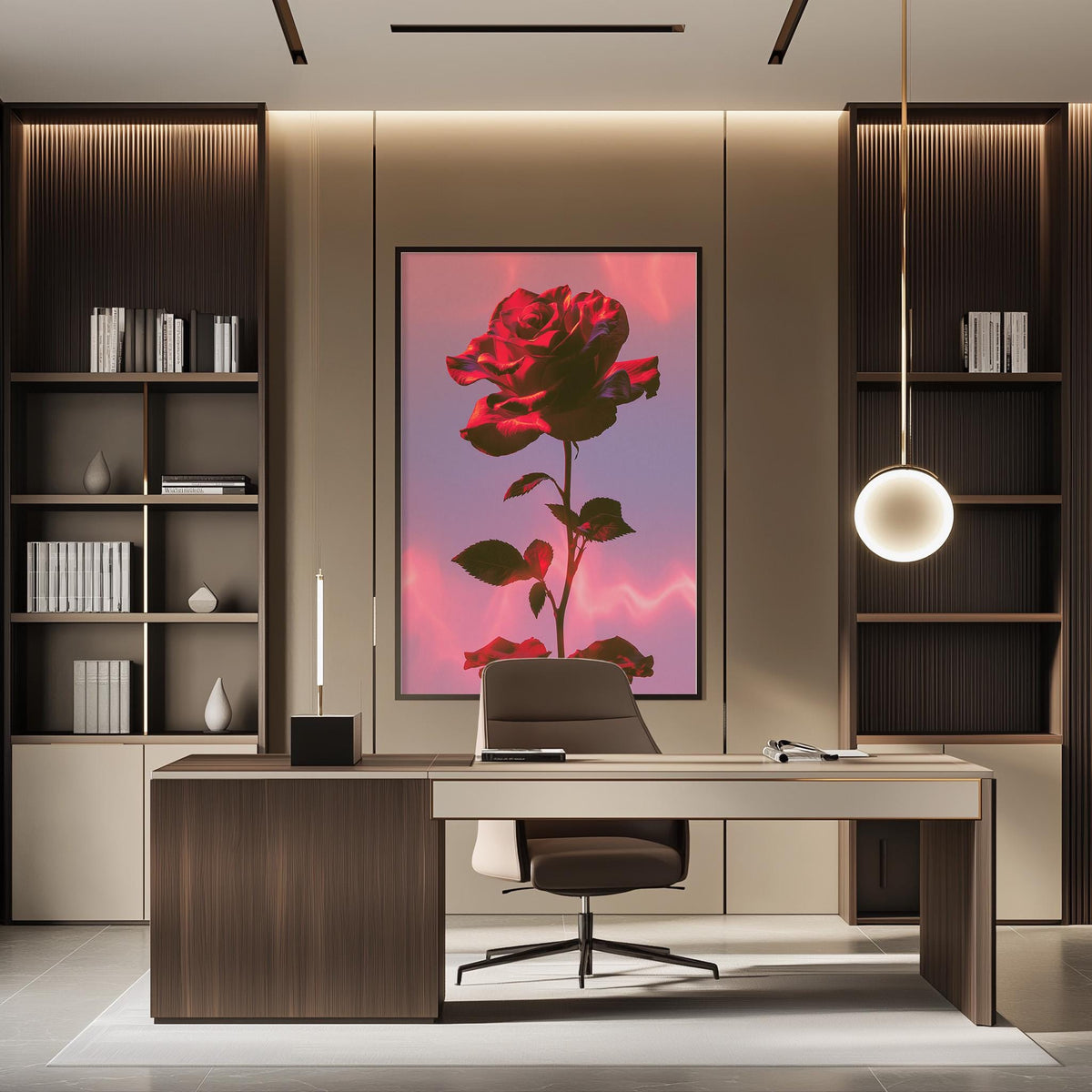 a modern and stylish office space with a large framed rose painting on the wall, a wooden desk with a chair, and built-in bookshelves.