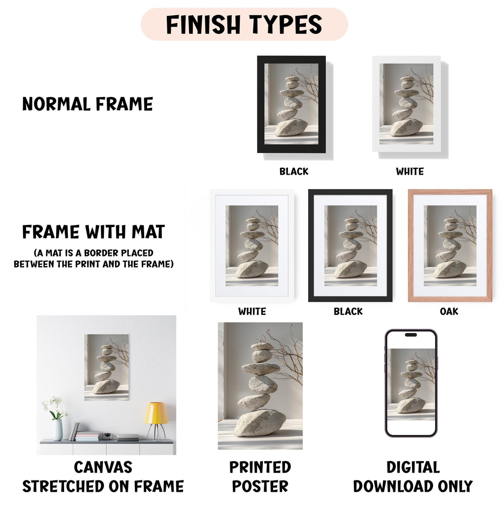 various finish types for framed artwork, including a normal frame, a frame with a mat, a white frame, a black frame, an oak frame, a white canvas stretched on a frame, a printed poster, and a digital download only.