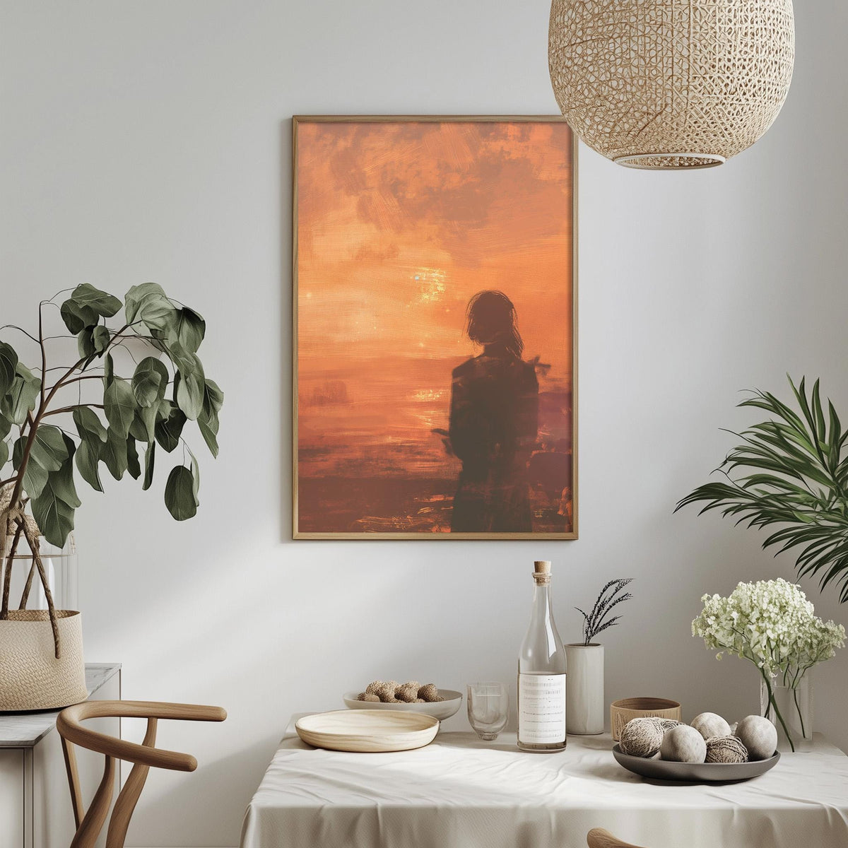 a dining table with a white tablecloth, a bowl of fruit, a bottle, and a vase with flowers. Above the table, there is a framed painting of a woman in a silhouette against a sunset.