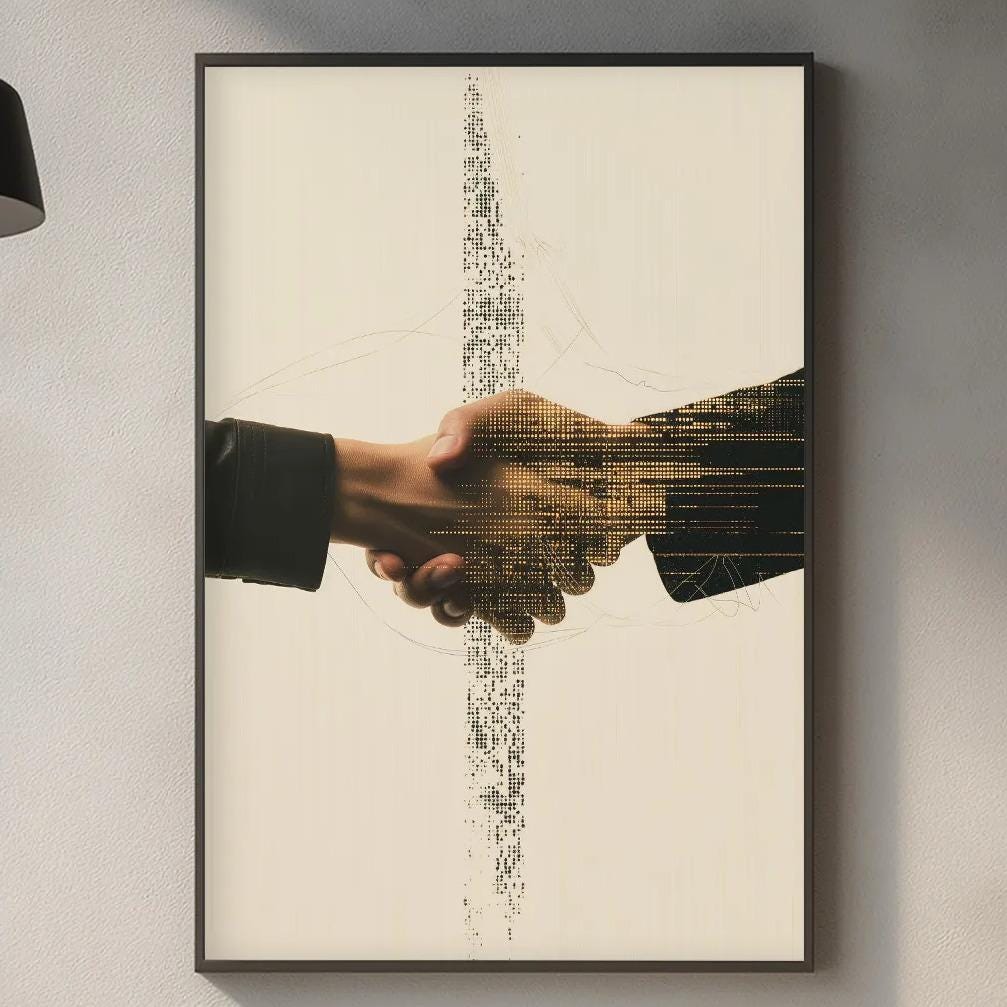 a framed picture of two hands shaking above a kitchen counter, with various kitchen items such as a cutting board, a bottle, and a plant visible below the frame.