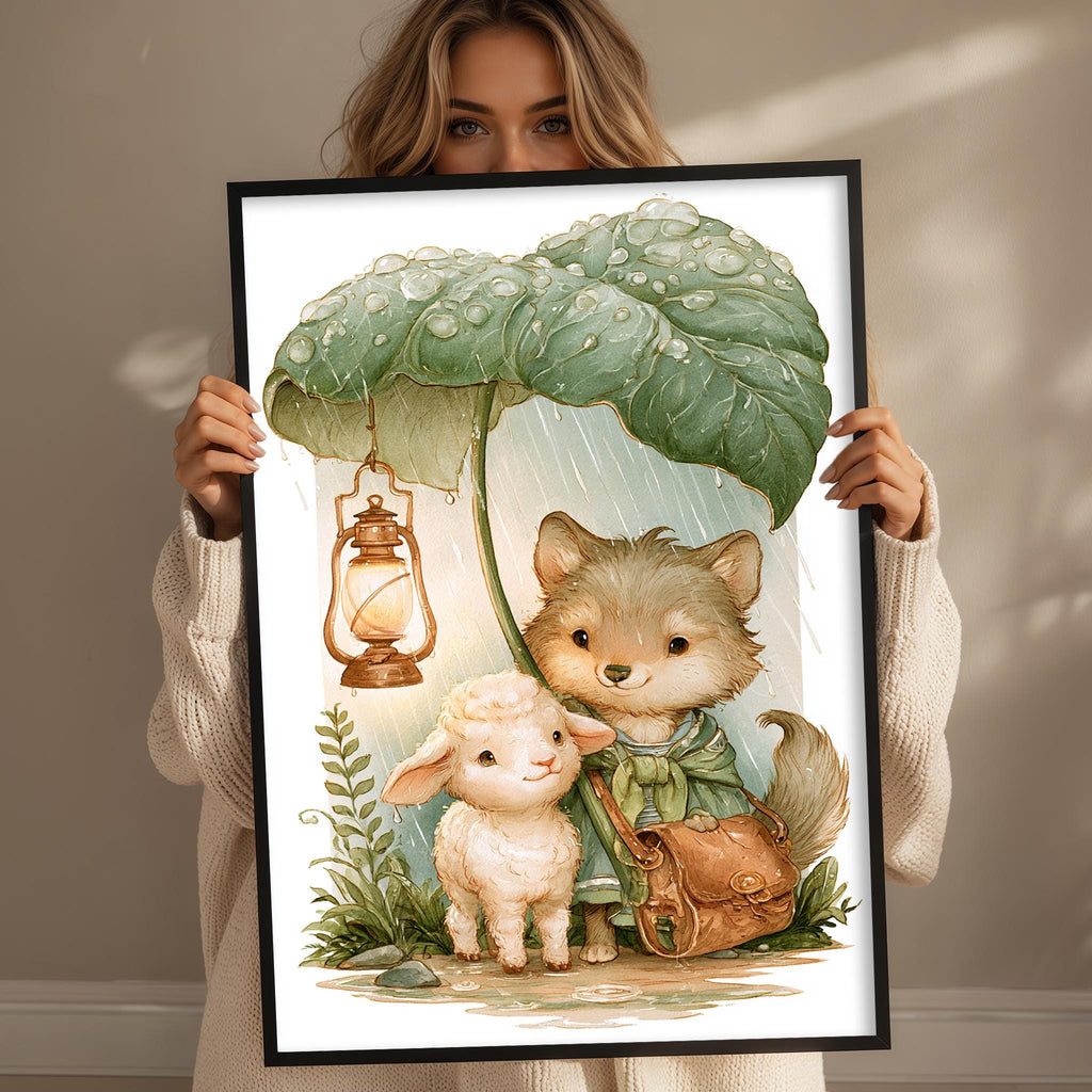 A woman holds up a framed illustration depicting a wolf and a lamb under an umbrella, with a lantern hanging from the umbrella.