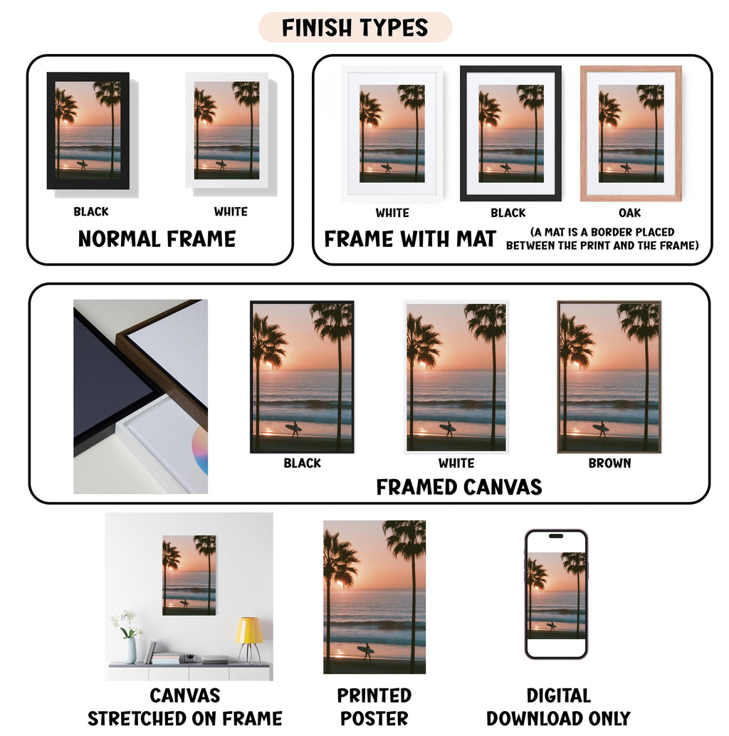 various types of framed artwork, including canvas prints, framed canvases, and printed posters, each with different finishes and mat colors.