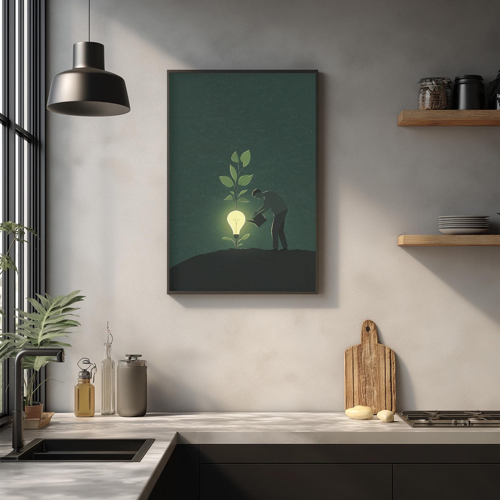 a kitchen scene with a framed illustration of a person watering a plant with a light bulb above it, creating a whimsical and imaginative atmosphere.