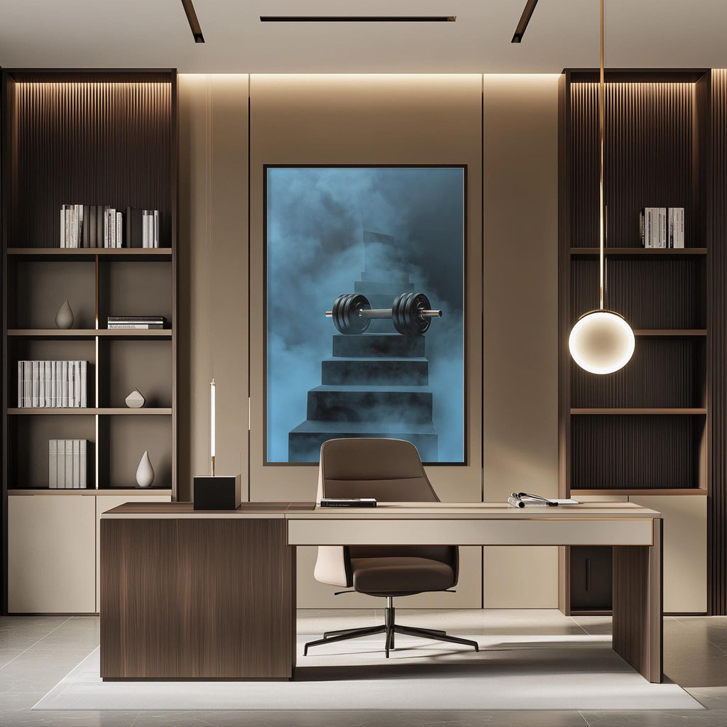 a modern and minimalist office space with a large desk, a comfortable chair, and a striking piece of artwork featuring a weightlifting scene.