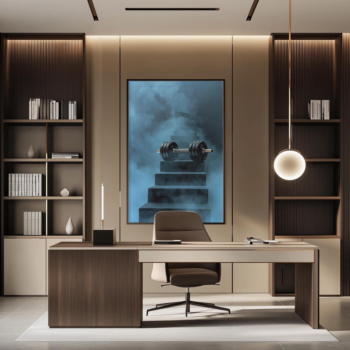 a modern and minimalist office space with a large desk, a comfortable chair, and a striking piece of artwork featuring a weightlifting scene.