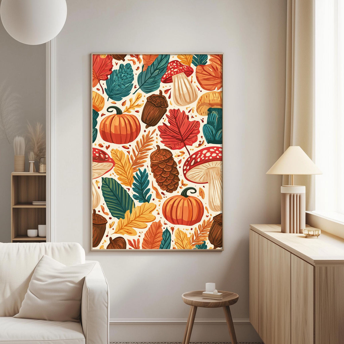 a living room with a large wall art piece depicting a vibrant autumn scene with various fall-themed elements such as pumpkins, acorns, leaves, and mushrooms.
