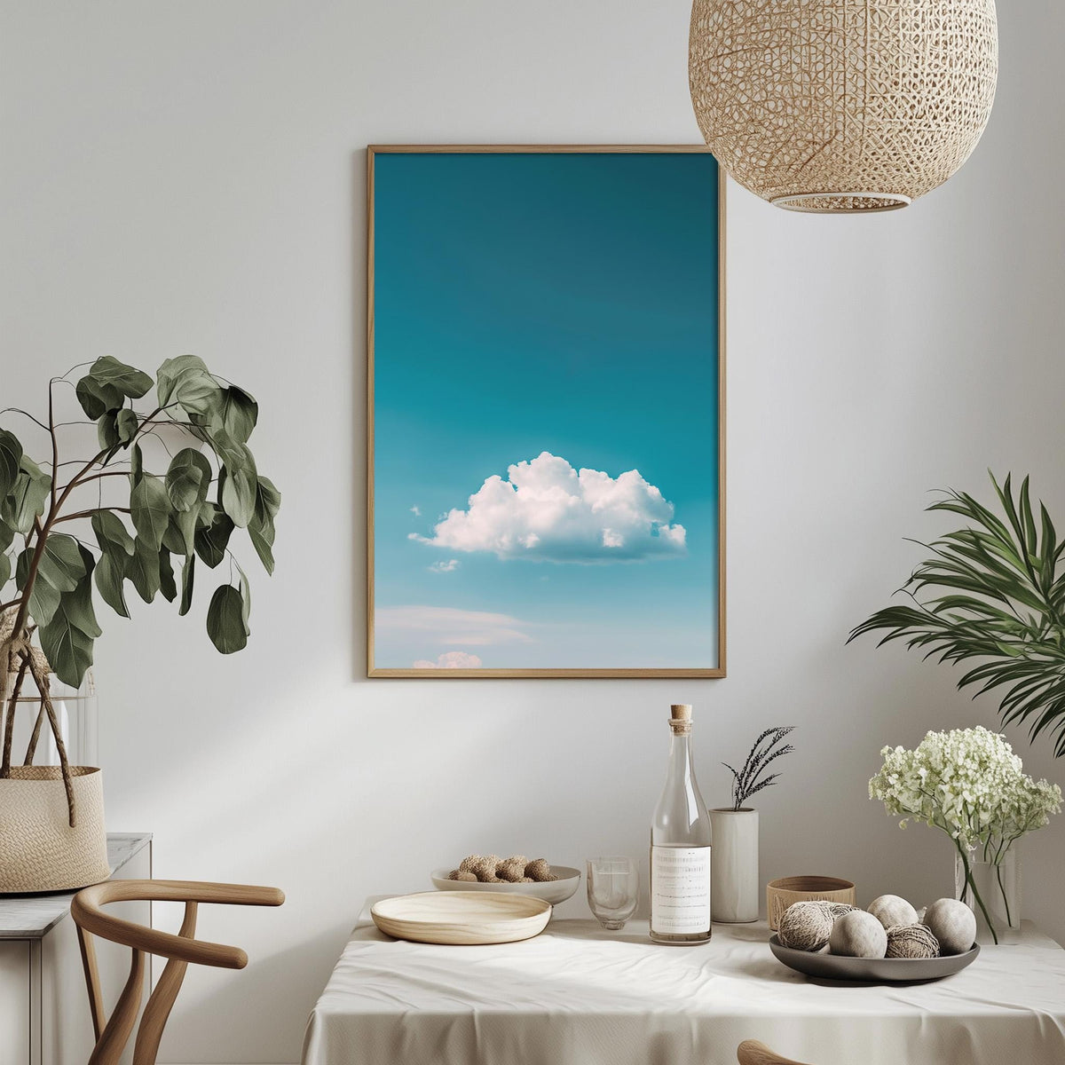 a dining table set with a white tablecloth, a bowl of fruit, a bottle, and a vase with flowers. Above the table, there is a framed picture of a blue sky with a cloud.