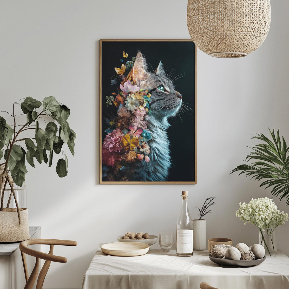 a framed painting of a cat with a floral design on its fur, hanging on a wall above a dining table with various decorative items and plants.