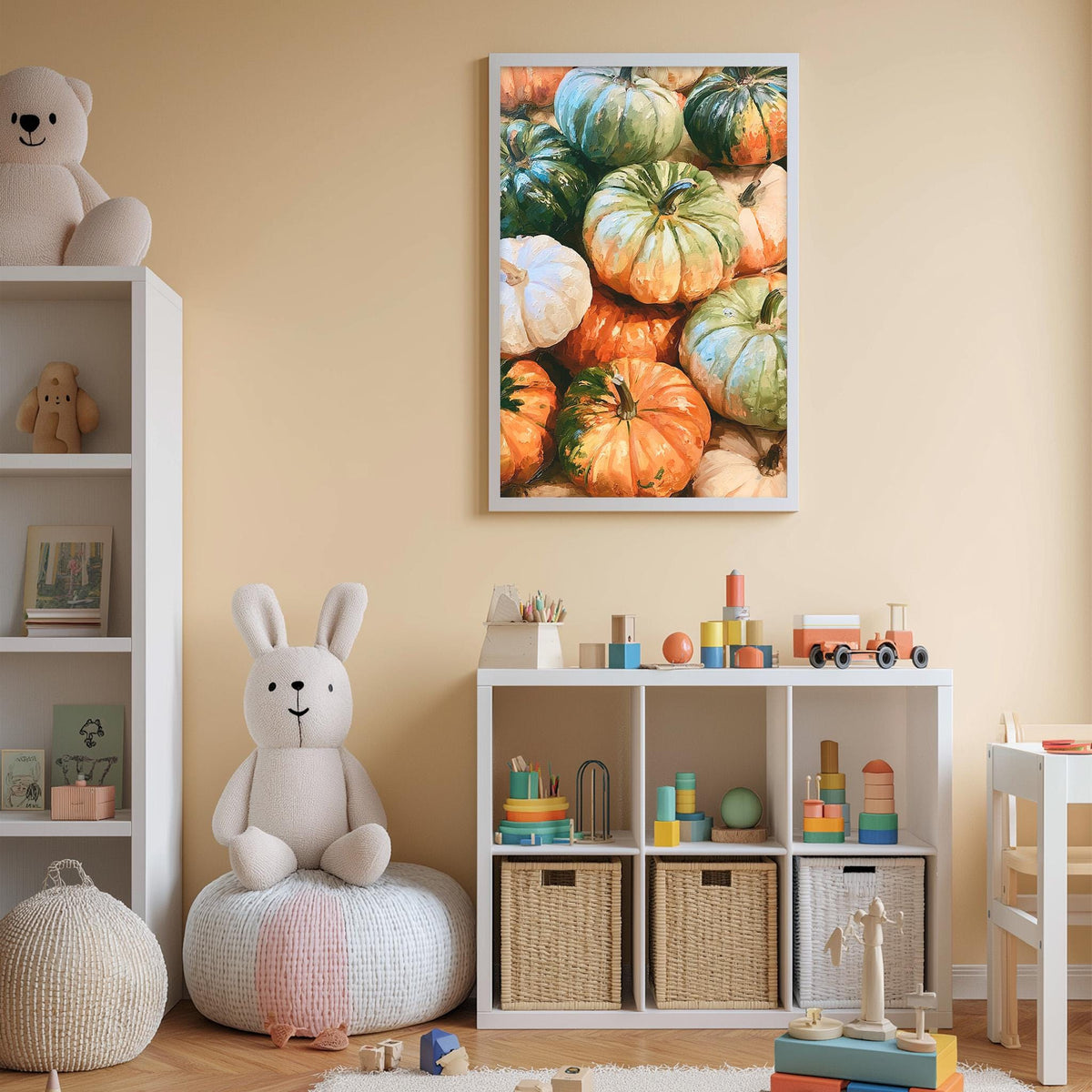 A cozy children's room with a white rabbit sitting on a bean bag chair, surrounded by a variety of toys and storage bins.