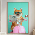 A dog wearing sunglasses is sitting on a pink scooter, holding a newspaper that says "Humans Are More".